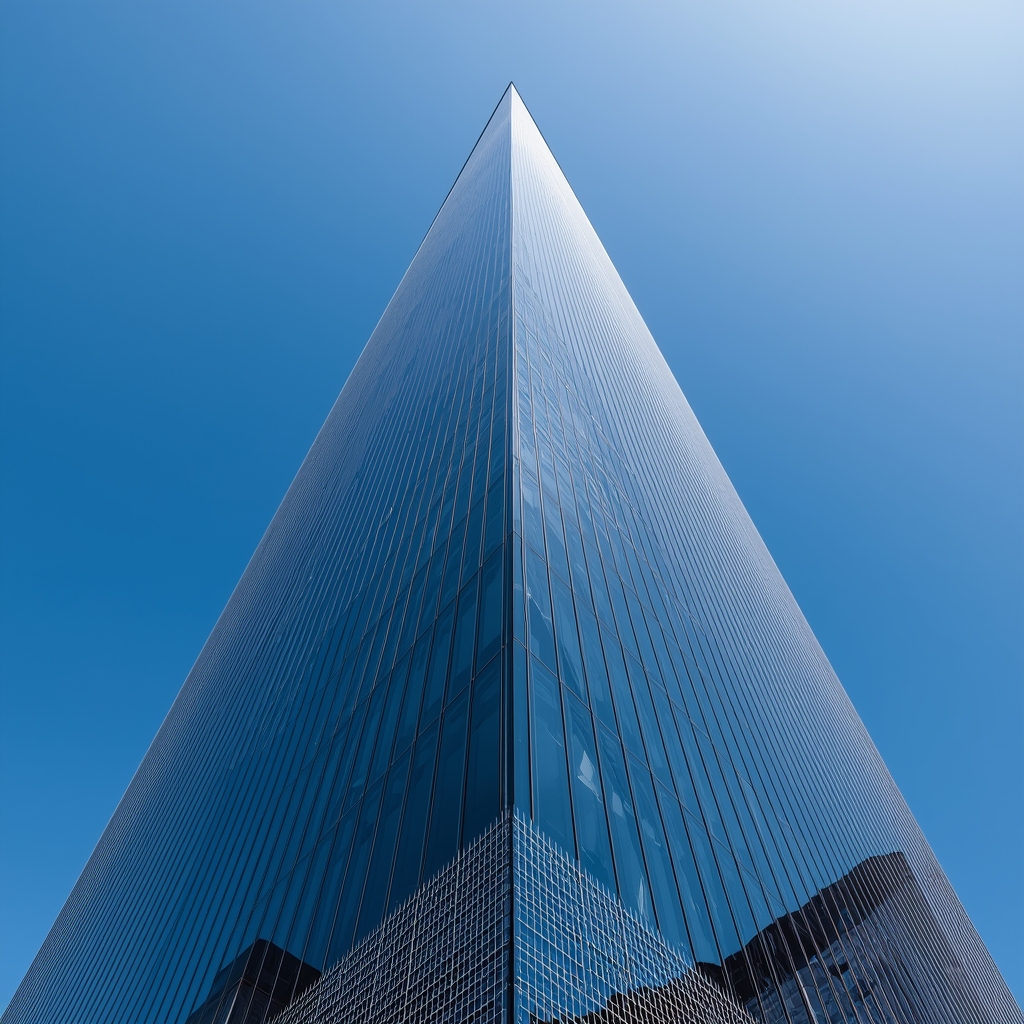 Generate image from Nano Banana2: A towering modern skyscraper complex reflecting the blue sky, viewed from below, dynamic angle, bright and professional lighting, ultra-realistic, no woman